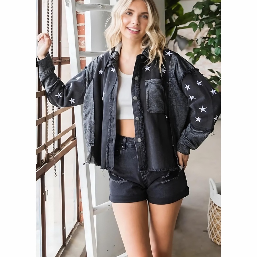 Veveret 2 Tone Black Hooded Lightweight Oversized Jacket with Silver Stars!